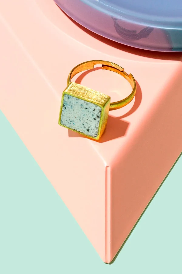 Brushed Brass & Jesmonite Square Ring - Image 2